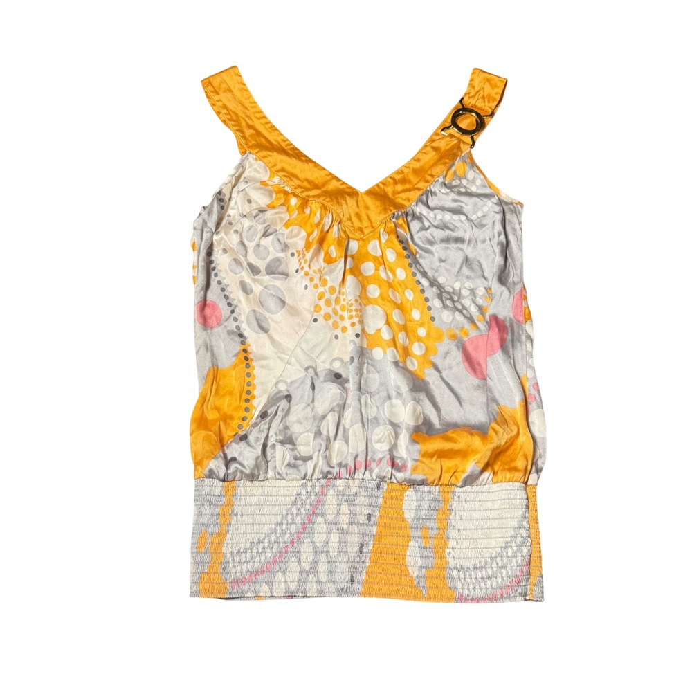 Arden B Silk Abstract Polka Dot Smocked Hem Tank Top